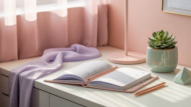 Use Visual Cues. A soft, serene desk scene with an open planner, rose gold pen, and a small succulent in a mint pot. Soft light filters through pink curtains, creating a calm atmosphere.