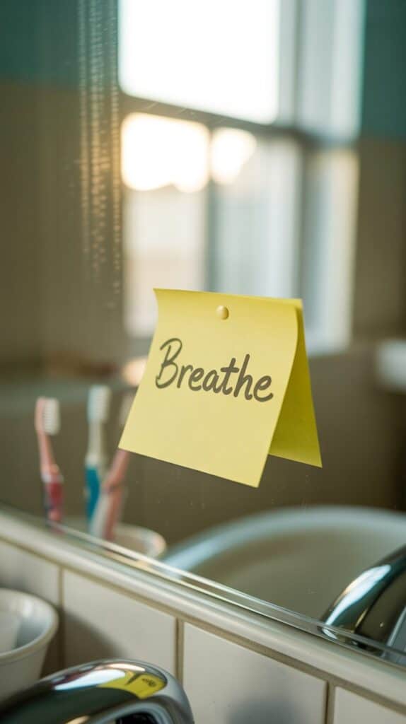 A yellow sticky note with "Breathe" written on it is pinned to a mirror above a bathroom sink. The warm lighting creates a calm, reflective atmosphere.