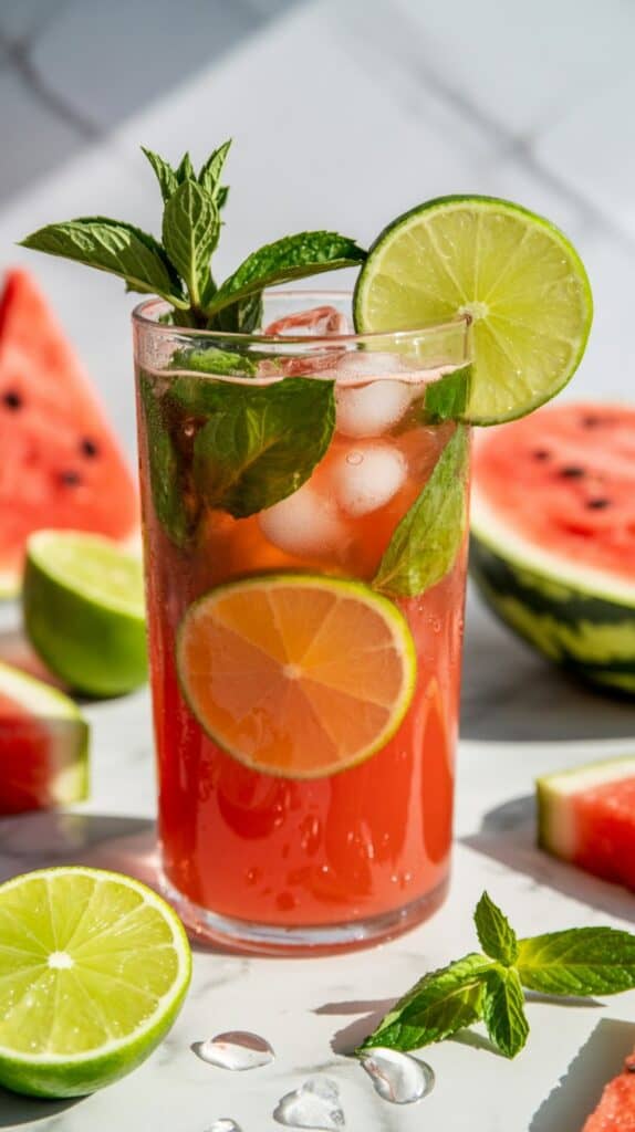 Pretty Drinks: A refreshing watermelon cocktail in a glass garnished with lime slices and mint leaves, surrounded by watermelon and lime wedges, on a sunny day.