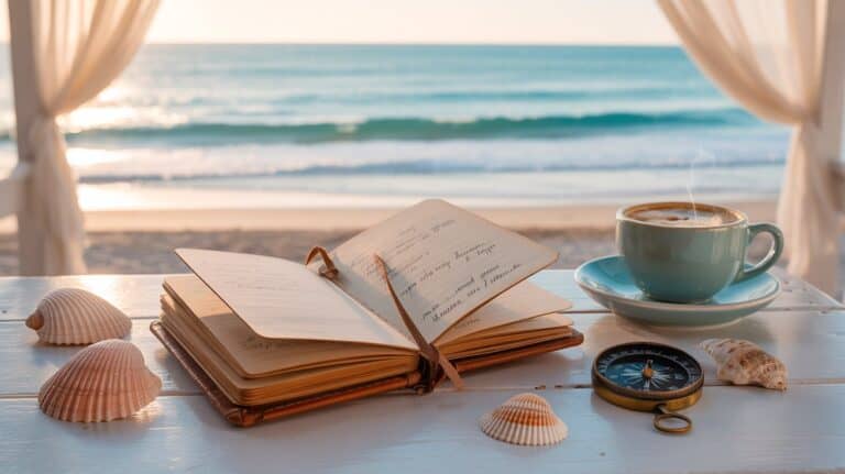 Winter Sun Destinations. An open journal, seashells, a compass, and a steaming cup of coffee sit on a table overlooking a calm beach and ocean under a soft, warm sky. Relaxing ambiance.