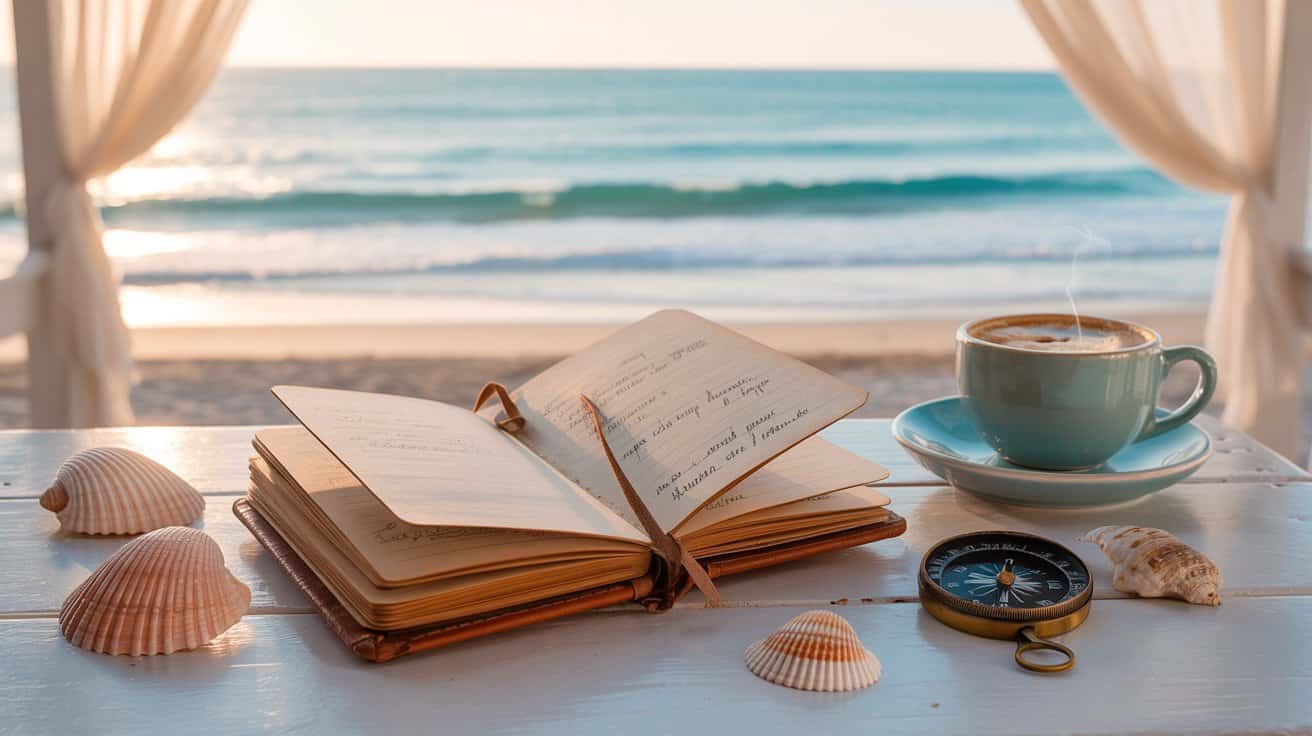 Winter Sun Destinations. An open journal, seashells, a compass, and a steaming cup of coffee sit on a table overlooking a calm beach and ocean under a soft, warm sky. Relaxing ambiance.