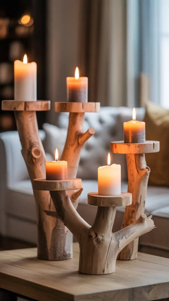 Rustic candle holders made from natural wood branches, each holding a lit candle. The warm glow creates a cozy ambiance in a softly lit living room.