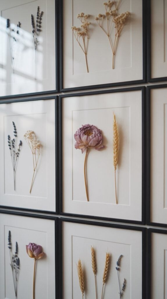 Framed dried flowers arranged in a grid on a wall, showcasing lavender, wheat, and a purple peony. The display exudes a natural and elegant vibe.
