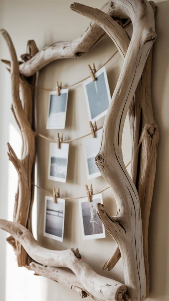A rustic driftwood frame with strands of twine holding black-and-white photos using wooden clothespins. The composition conveys a vintage and natural vibe.