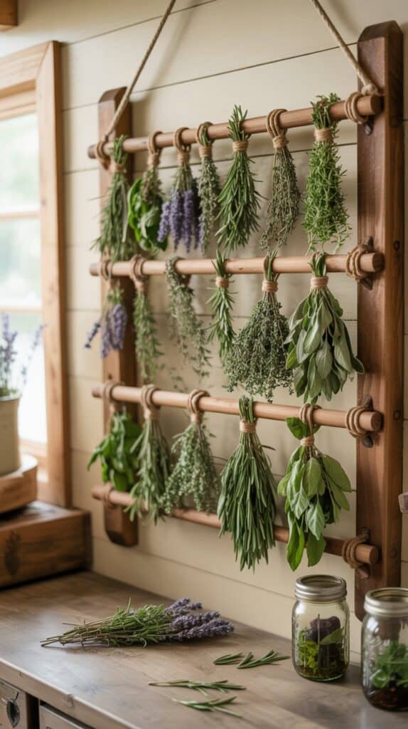 Wall-mounted wooden rack with bundles of drying herbs like lavender and sage. Nearby, jars and scattered herbs on a rustic table. Sunlit, cozy kitchen setting.