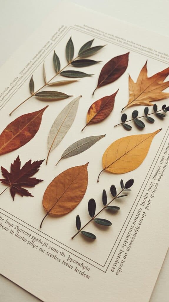 A collection of dried leaves in various shapes and autumn hues is artfully arranged on a textured background. Text surrounds the leaves, adding an elegant feel.