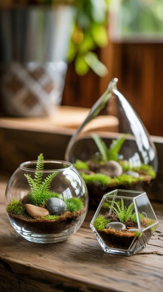 Three glass terrariums with ferns, moss, and stones rest on a wooden surface. The bright, natural setting evokes a calming, earthy ambiance.