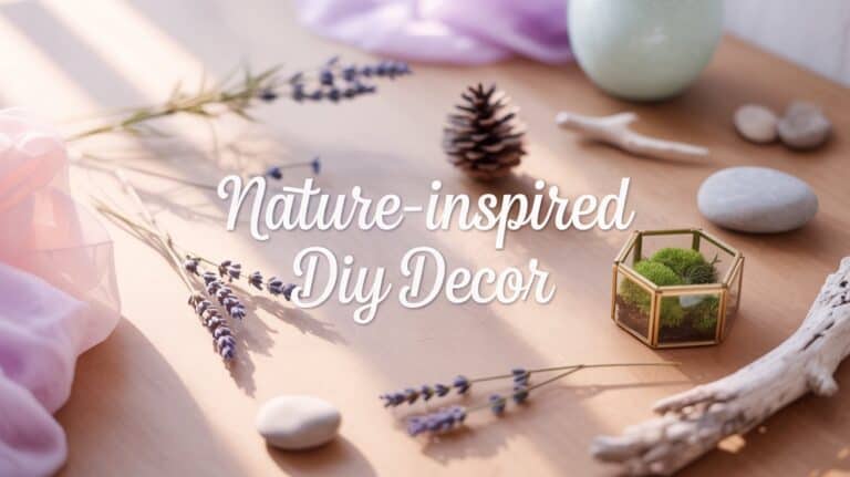 Nature-inspired DIY decor with lavender sprigs, a small terrarium, stones, driftwood, and a pinecone on a sunlit wooden table. Relaxing and creative tone.