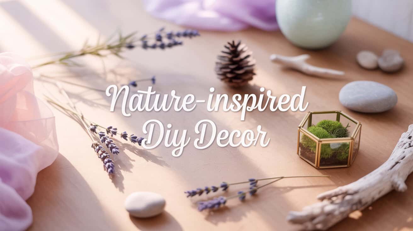 Nature-inspired DIY decor with lavender sprigs, a small terrarium, stones, driftwood, and a pinecone on a sunlit wooden table. Relaxing and creative tone.