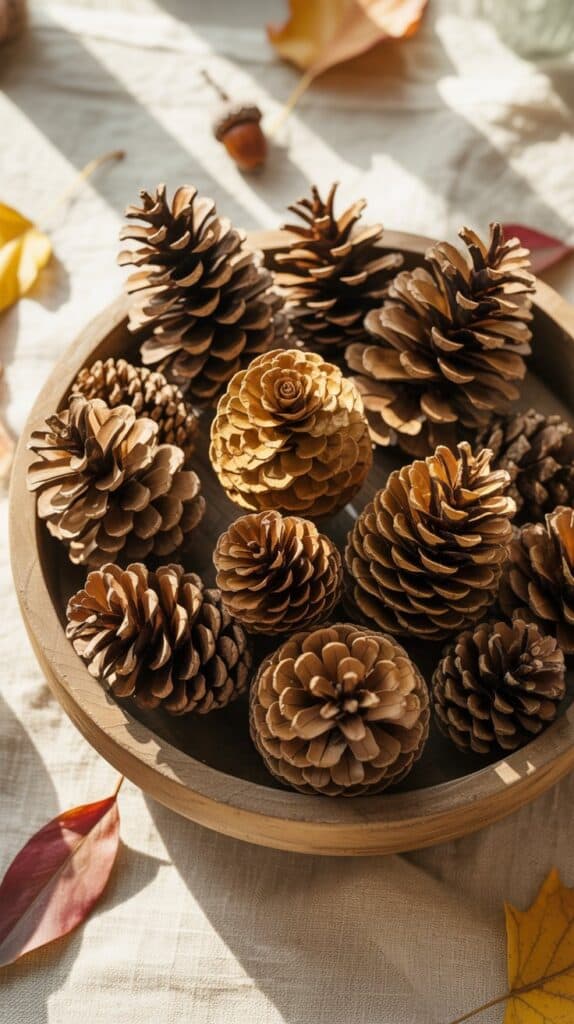 A wooden bowl filled with various pinecones sits on a light cloth, surrounded by scattered autumn leaves. Sunlight casts soft, warm shadows, creating an autumnal feel.