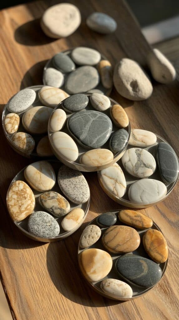Coasters made of smooth, multicolored stones in shades of gray, white, and brown are arranged on a sunlit wooden surface, creating a calm, earthy vibe.