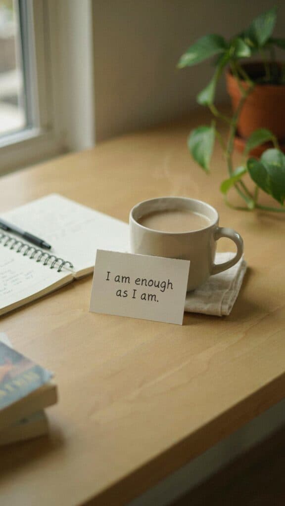 You glance at a small affirmation card on your desk that reads, “I am enough as I am.” You pause. Breathe. And remember, your value hasn’t changed just because someone’s tone did.