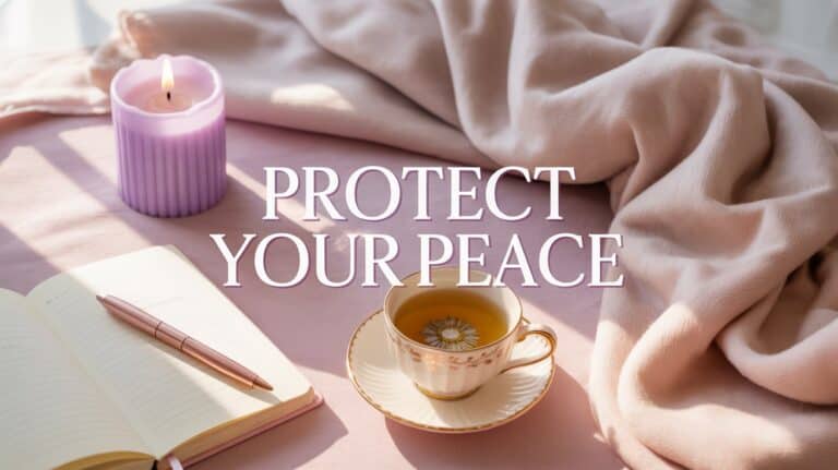 Calm scene with candle, tea, and cozy blanket for peace and relaxation.