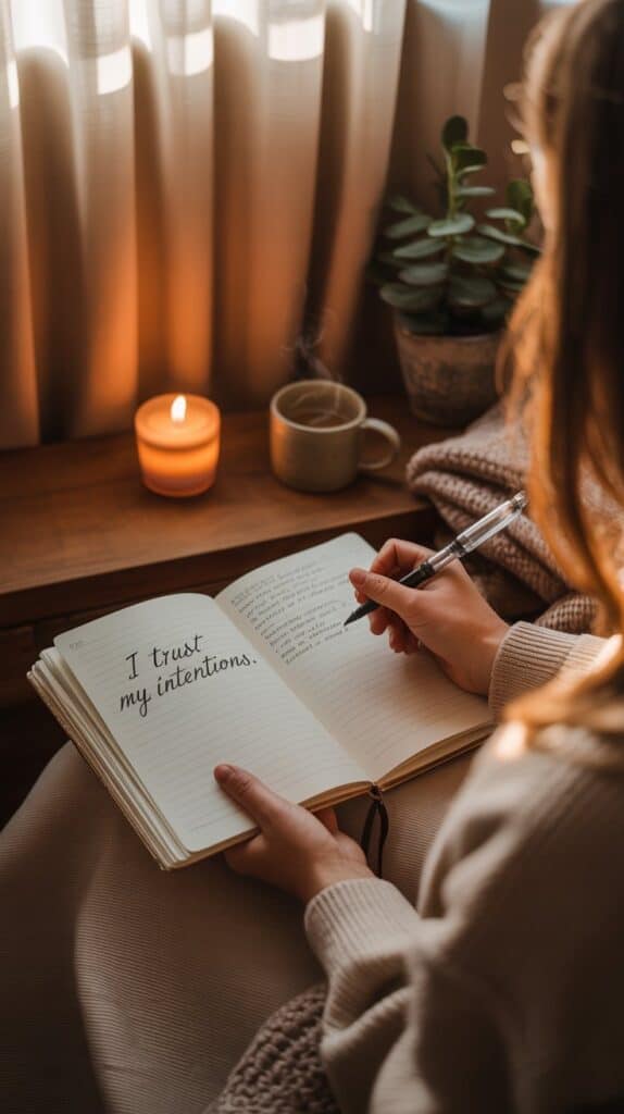 You sit quietly with your journal, writing one simple sentence: “I trust my intentions.” It feels grounding, like coming back home to yourself.