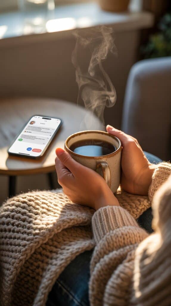 You’re sitting with your morning coffee, wrapped in a soft blanket, reading a message that feels a little distant. Instead of spiraling, you pause, take a breath, and remind yourself: “This might not be about me.” The warmth of the moment grounds you.